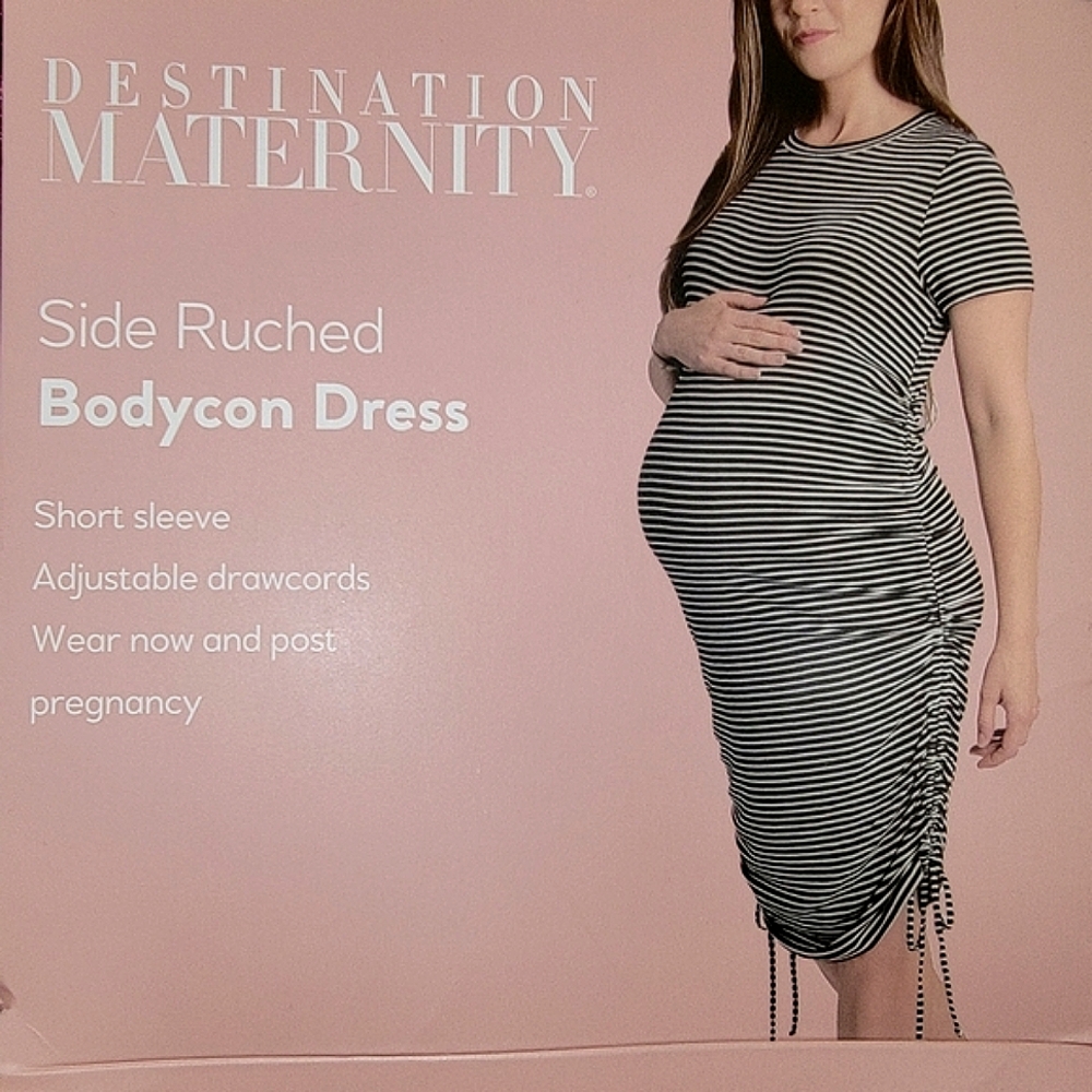 Destination Maternity Short Sleeve Side Ruched Ribbed Bodycon Dress | Stripe - Picture 3 of 11